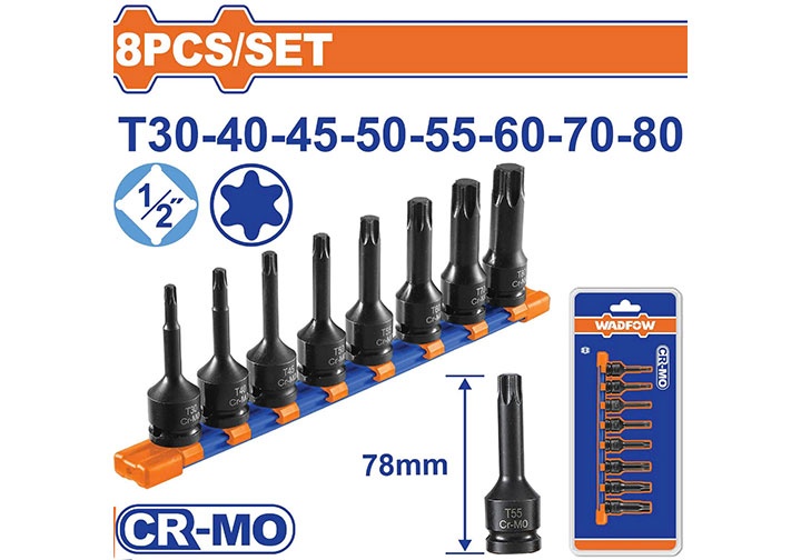 1/2” Bộ đầu tuýp sao T30-T80 dài 78mm 8 chi tiết Wadfow WMS4408