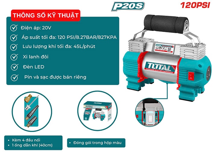 20V Máy bơm hơi (chỉ thân máy) dùng pin Total TACLI2026