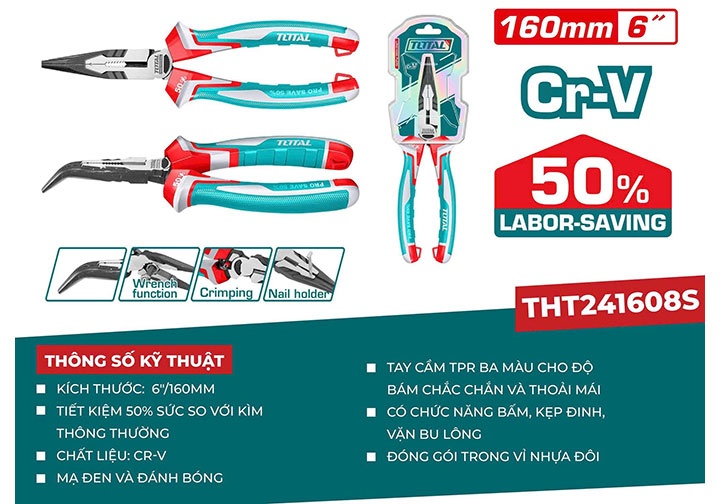 6" Kìm nhọn mũi cong Total THT241608S