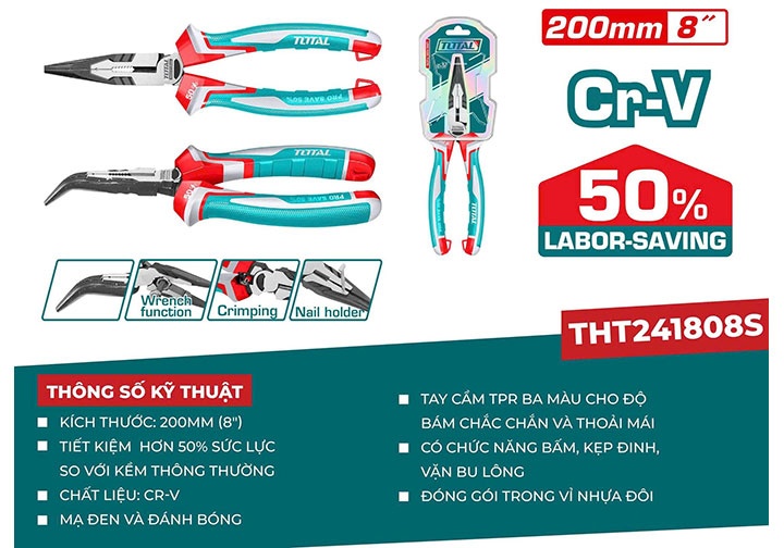 8" Kìm nhọn mũi cong Total THT241808S